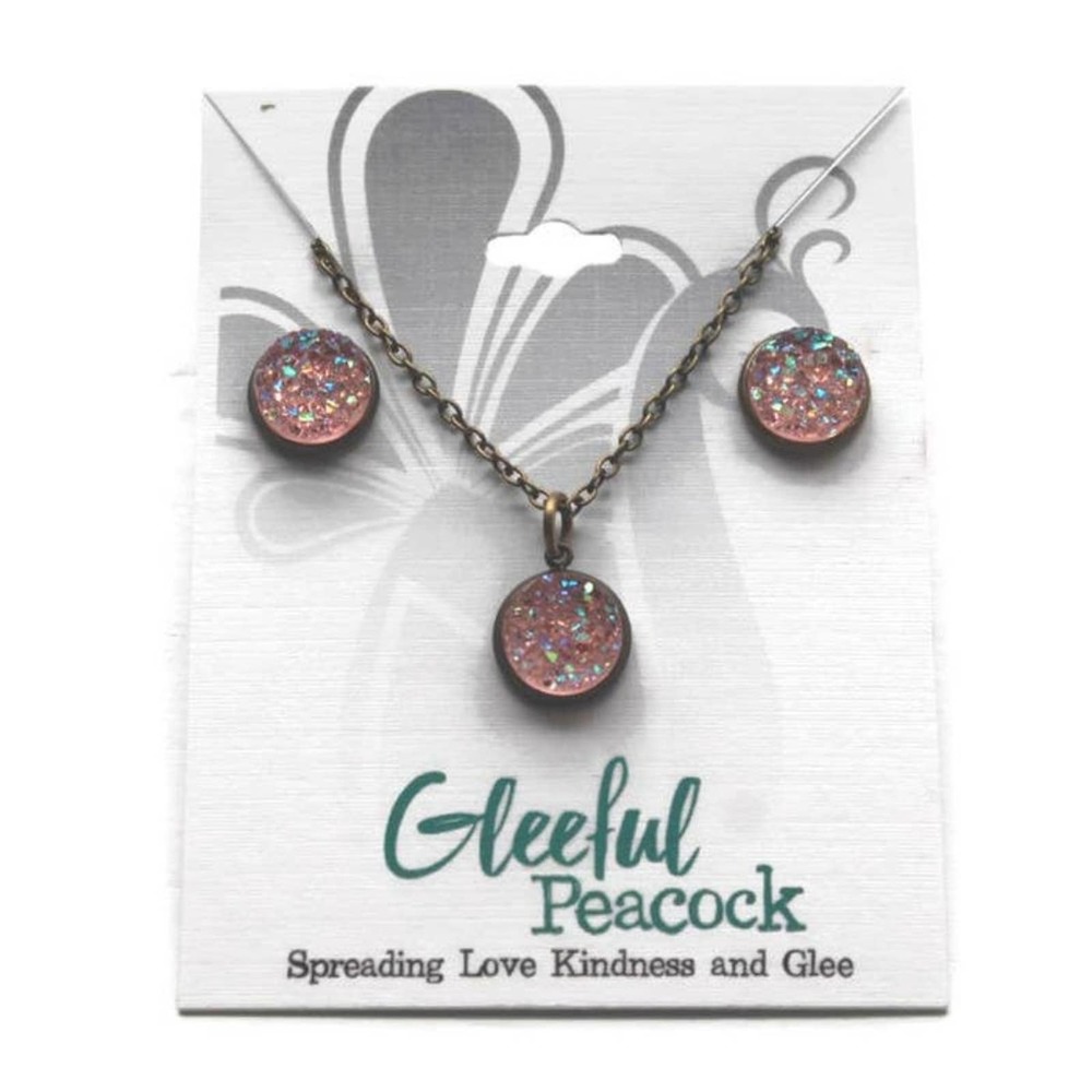 Druzy Iridescent Pink Jewelry Set Stud Earring Necklace
